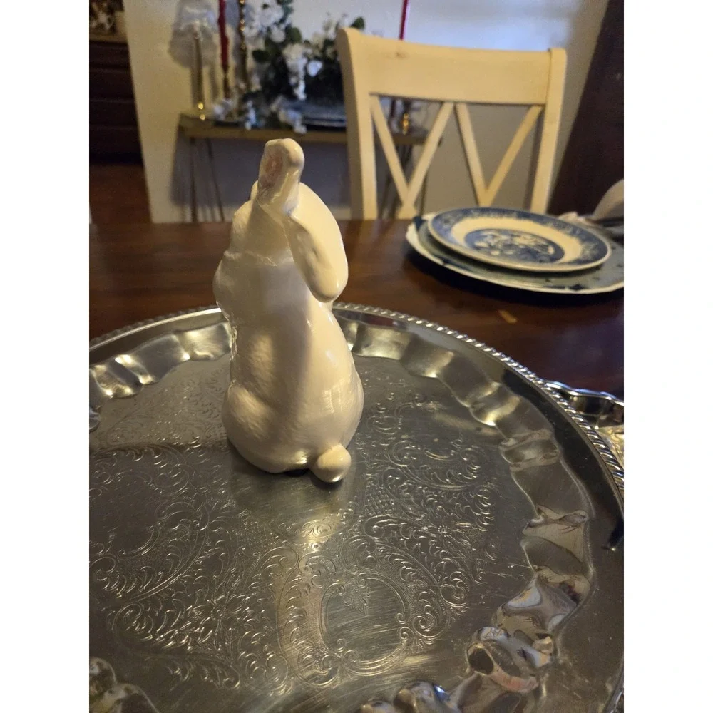 charming vintage glazed ceramic white bunny rabbit figurine, Easter, Cottagecore